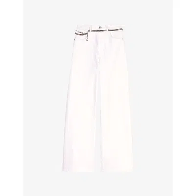 Maje Womens White Chain-belt Wide-leg High-rise Stretch-denim Jeans