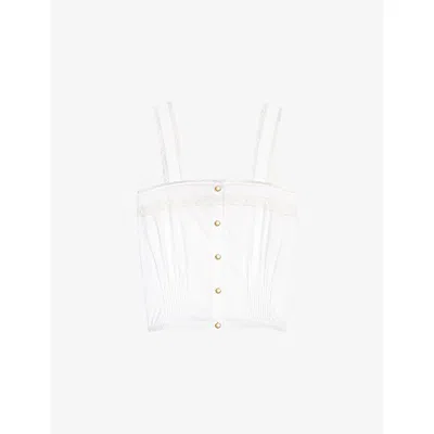 Maje Womens White Cropped Lace-trim Cotton Top