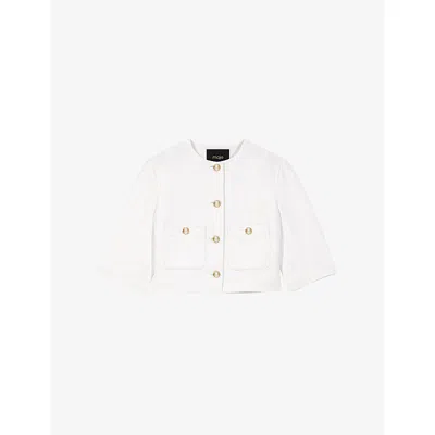 Maje Womens White Cropped Round-neck Linen-blend Jacket