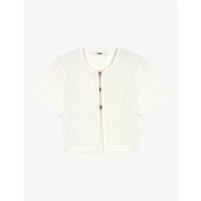 Maje Womens White Short-sleeved Ribbed Knitted Cardigan In Neutral