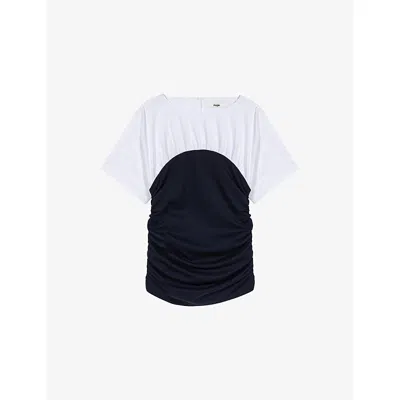MAJE WOMENS CONTRAST-PANEL PLEATED STRETCH-JERSEY TOP WHITE/NAVY
