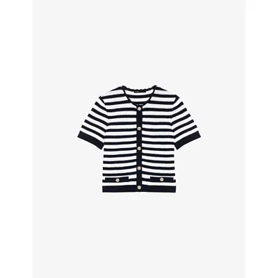 MAJE WOMENS WHITE/NAVY ROUND-NECK STRIPED CROPPED CROCHET CARDIGAN