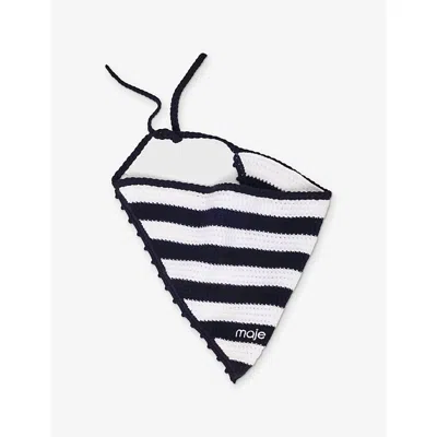 Maje Womens White/navy Striped Knitted Bandana Scarf In Red