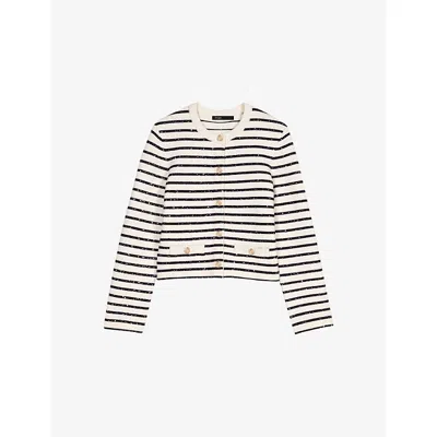 Maje Womens White/navy Striped Rhinestone-embellished Knitted Cardigan In Neutral