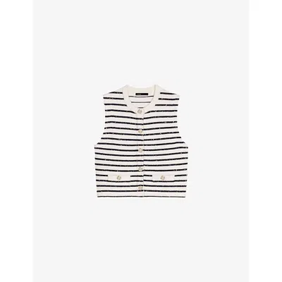 Maje Womens White/navy Striped Rhinestone-embellished Knitted Top In Blue