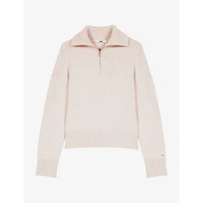 Maje Womens Zip-neck Relaxed-fit Cashmere-blend Jumper Beige In Neutral