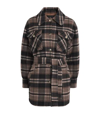 Maje Wool-blend Check Coat In Brown