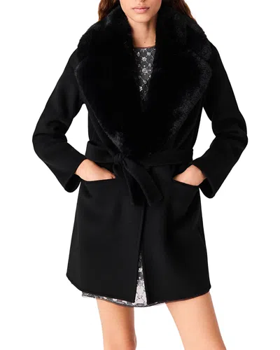 Maje Wool Blend Faux Fur Trim Belted Coat In Black