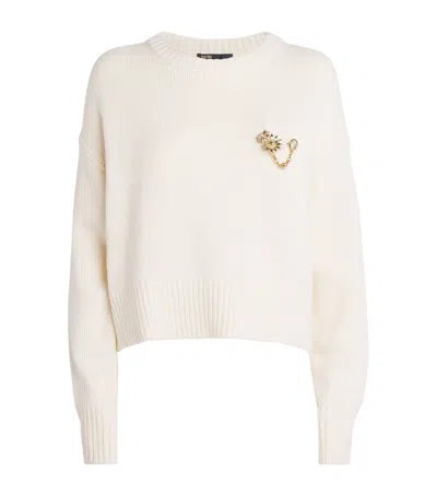 Maje Wool-cashmere Brooch Sweater In White