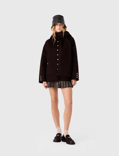 Maje Wool Coat With Removable Scarf In Brown
