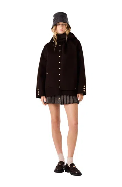 Maje Wool Coat With Removable Scarf In Brown