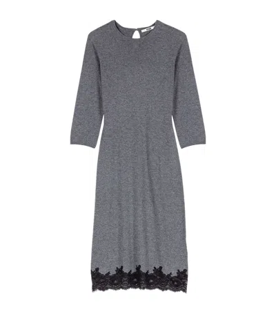 Maje Wool Lace-trim Midi Dress In Gray
