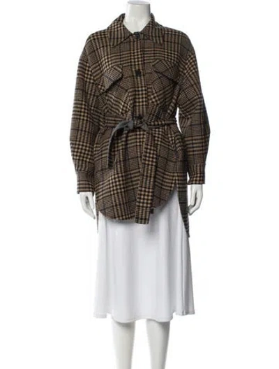 Pre-owned Maje Wool Plaid Print Coat W/ Tags In Brown