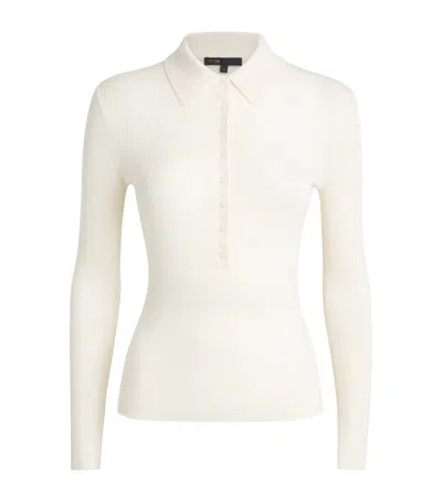 Maje Wool-silk Rib-knit Polo Sweater In White