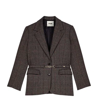 Maje Wool-blend Belted Blazer In Brown