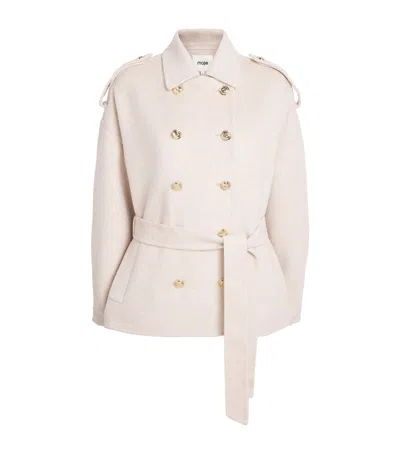 Maje Wool-blend Double-face Belted Jacket In White