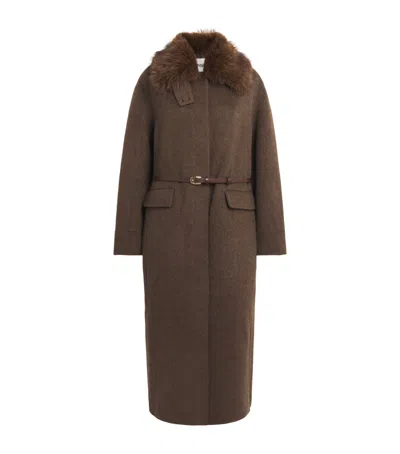 Maje Wool-blend Faux Fur-collar Coat In Brown
