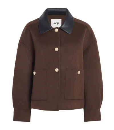 Maje Wool-blend Leather-collar Jacket In Brown