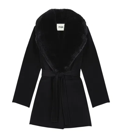 Maje Wool-blend Wrap Coat In Black