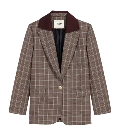 Maje Wool-cotton Check Blazer In Brown