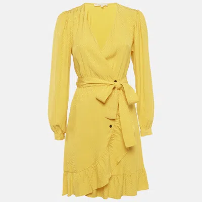 Pre-owned Maje Yellow Jacquard Roseya Ruffled Wrap Dress S