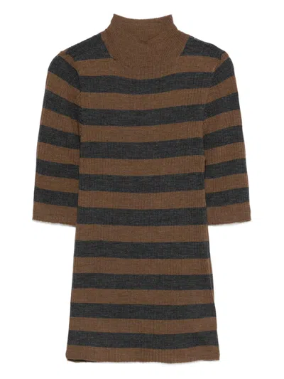 Majestic Filatures Brown Striped Ribbed Knit Top