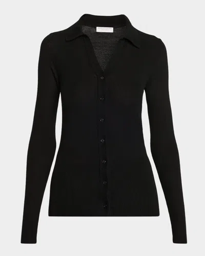 Majestic Button-down Rib Knit Wool Sweater In Black