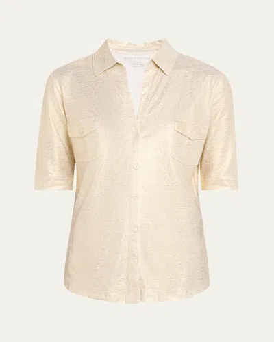 Majestic Button-down Metallic Stretch Linen Shirt In Neutral