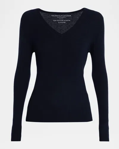 Majestic Cashmere Rib Knit V-neck Sweater In Black