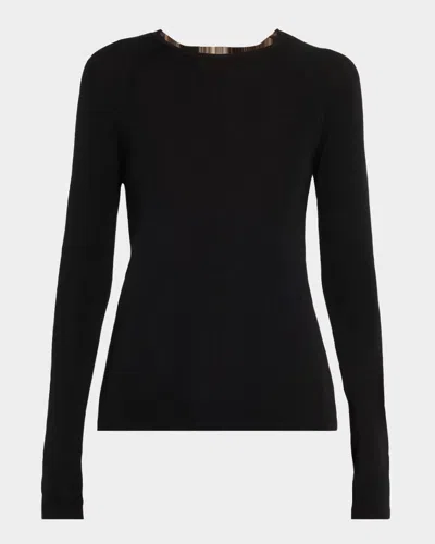 Majestic Crewneck Micro Rib Knit Wool-silk T-shirt In Black