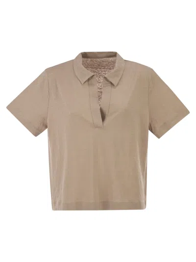 Majestic Cropped Linen Stretch Polo With V-neck In Neutral