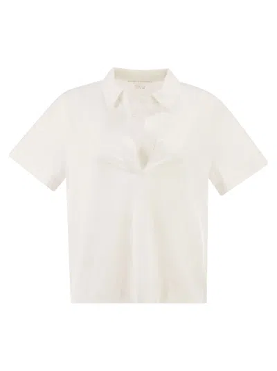Majestic Cropped Linen Stretch Polo With V-neck In Neutral