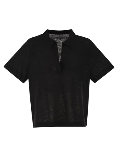 Majestic Cropped Linen Stretch Polo With V-neck In Black