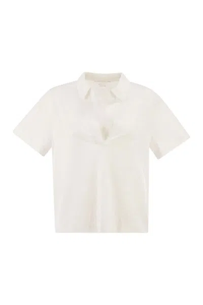 Majestic Cropped Linen Stretch Polo With V-neck In Neutral