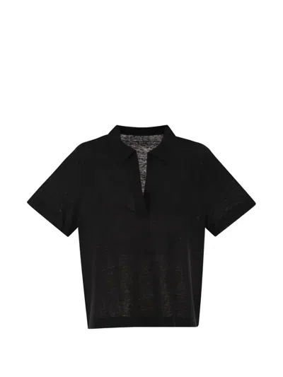 Majestic Cropped Linen Stretch Polo With V-neck In Black