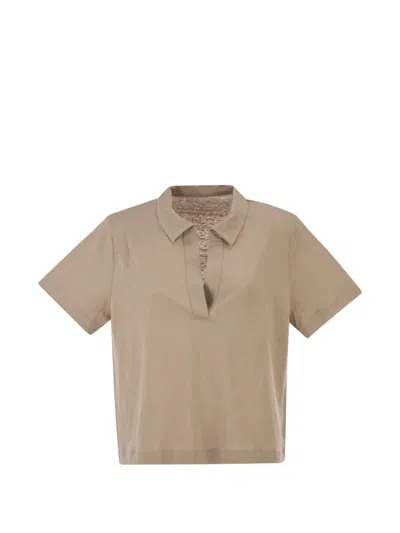 Majestic Cropped Linen Stretch Polo With V-neck In Neutral