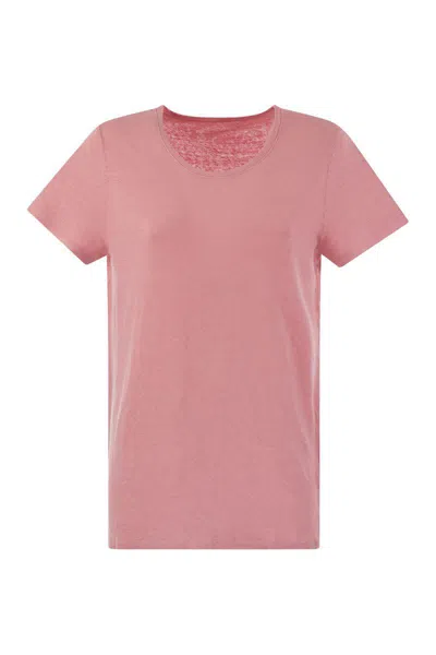 Majestic Crew-neck T-shirt In Linen And Short Sleeve In Pink
