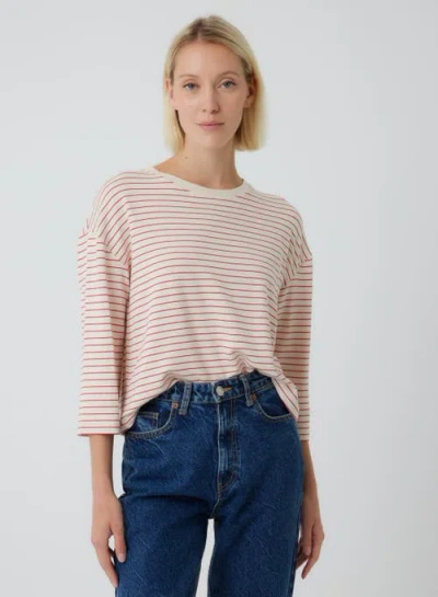 Majestic Filatures French Terry Novelty Stripe Three-quarter Sleeve Crewneck In Red