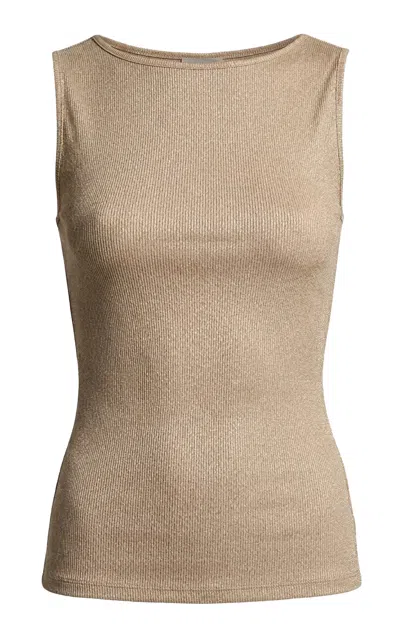 Majestic Ribbed-knit Boat-neck Top In Brown