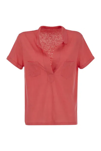 Majestic Short-sleeved Linen Polo Shirt In Coral
