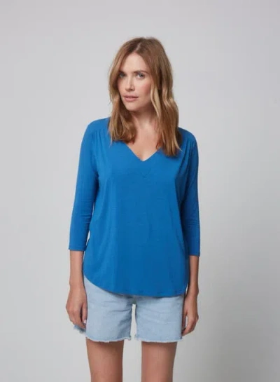Majestic Filatures Soft Touch 3/4 Sleeve Pleat Back V-neck Top In Blue