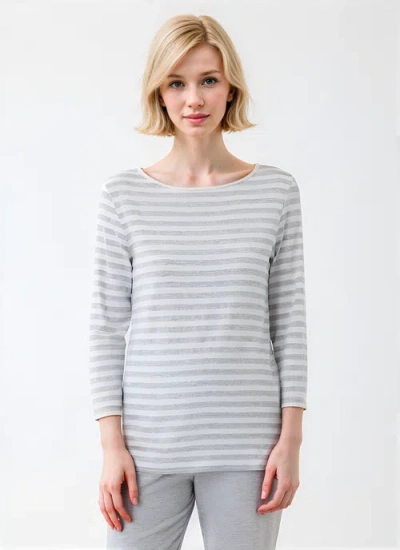 Majestic Filatures Soft Touch Striped 3/4 Sleeve Boatneck T-shirt In Gray