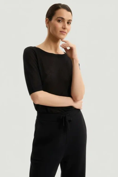 Majestic Filatures Stretch Linen Knit Three Quarter Sleeve Boatneck Shirt In Black