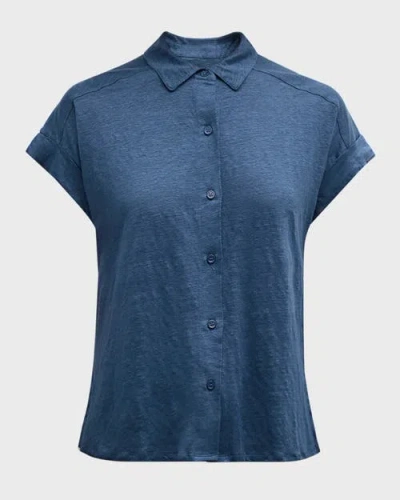 Majestic Filatures Stretch Linen S/s Shirt With Rolled Cuff In Blue