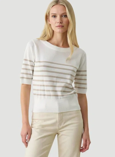 Majestic Filatures Stretch Linen Stripe Knit Three Quarter Sleeve Boatneck In White