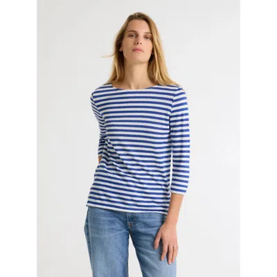 Majestic Filatures Stretch Linen Stripe Three Quarter Sleeve Boatneck T-shirt In Blue