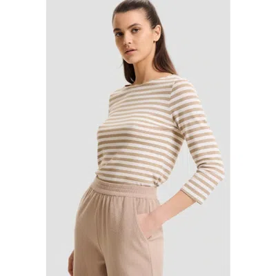 Majestic Filatures Stretch Linen Stripe Three Quarter Sleeve Boatneck T-shirt In Brown