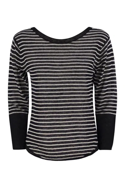 Majestic Filatures Striped Linen Boat Neck T-shirt In Black