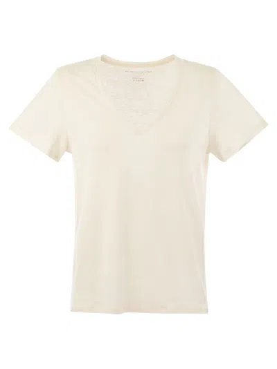 Majestic Linen V-neck T-shirt With Short Sleeves In Cream