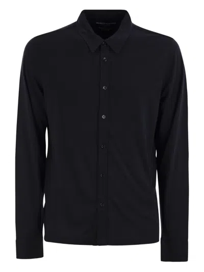 Majestic Blue Linen Long-sleeved Shirt With Classic Collar In Black
